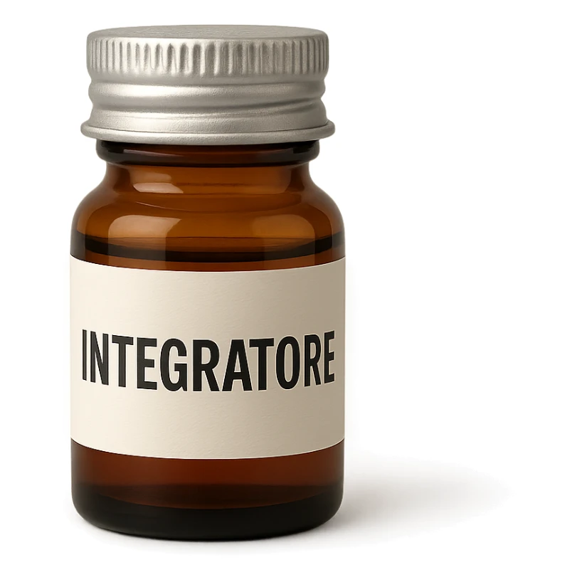 boccetta di integratore con la scritta "INTEGRATORE" SULL'ETICHETTA sticker