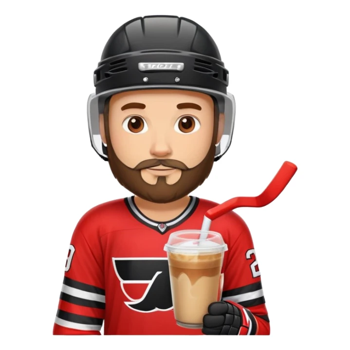 hockey player with a beard with iced coffee in red and black jersey wearing a hockey helmet  sticker