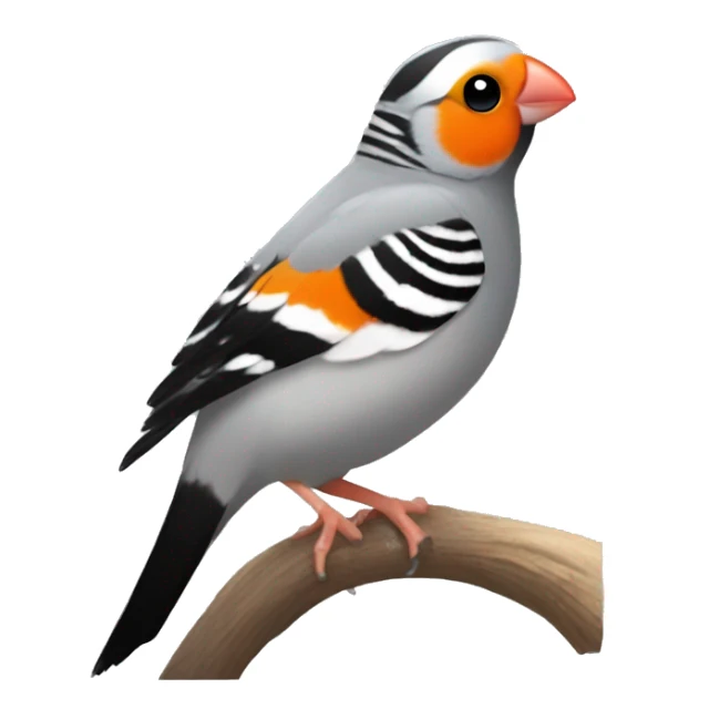 Zebra finch with orange circle cheeks, grey body, white chest, with black tail, black eyes, and orange feet sticker
