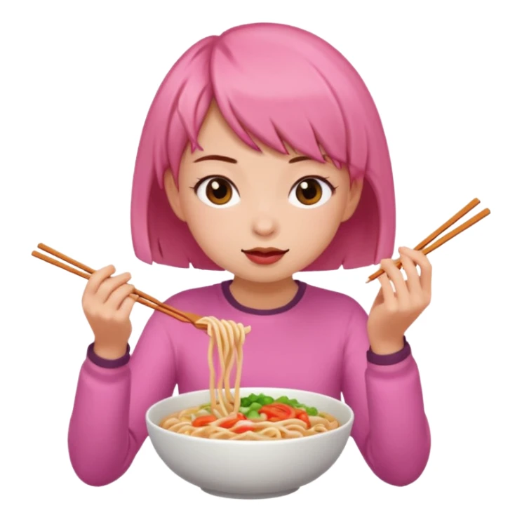 Pink girl eating noodle with brown hair short sticker