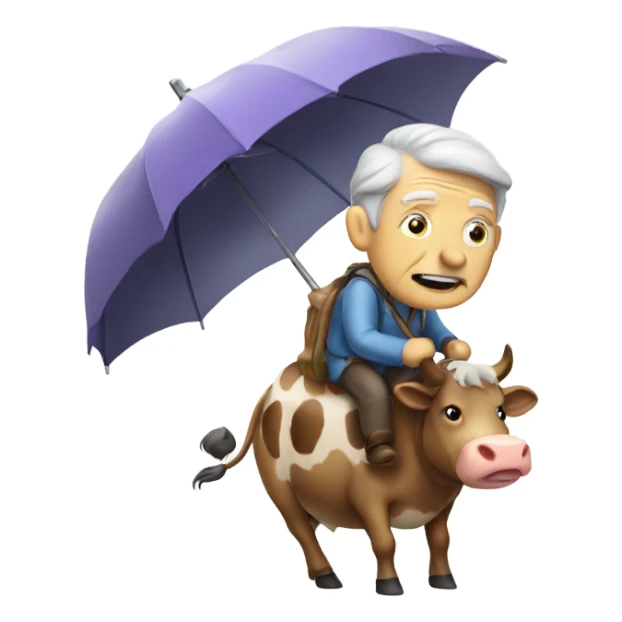 an old person riding a cow with umbrella  sticker