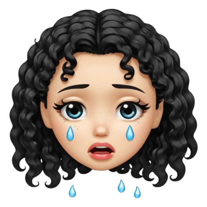 a pretty fair bratz girl with black curly hair, crying sticker
