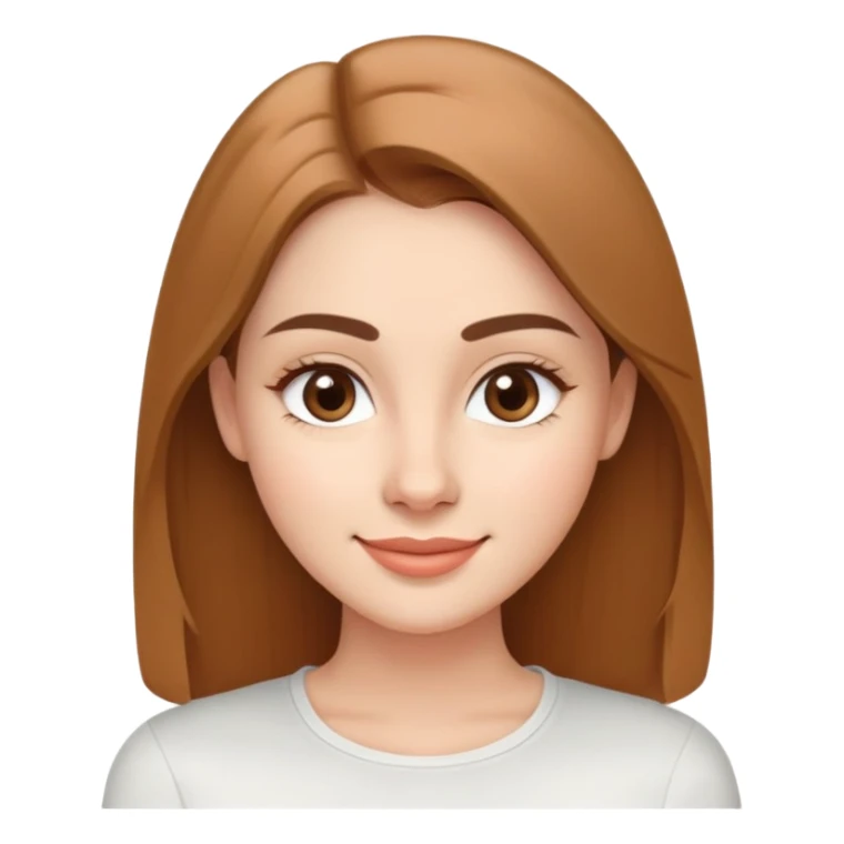 Young woman in her 20s with oval face, soft features, friendly bright smile, large light brown eyes, defined eyebrows, straight nose, medium lips, long straight light brown hair, wearing a white top sticker