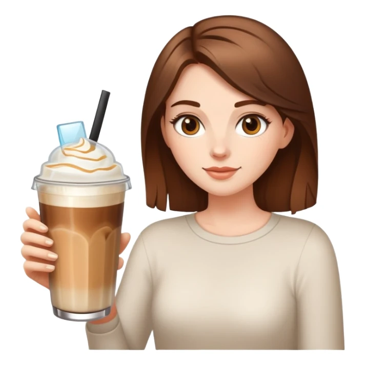 White girl brown hair with ice latte coffee in glasse cup sticker
