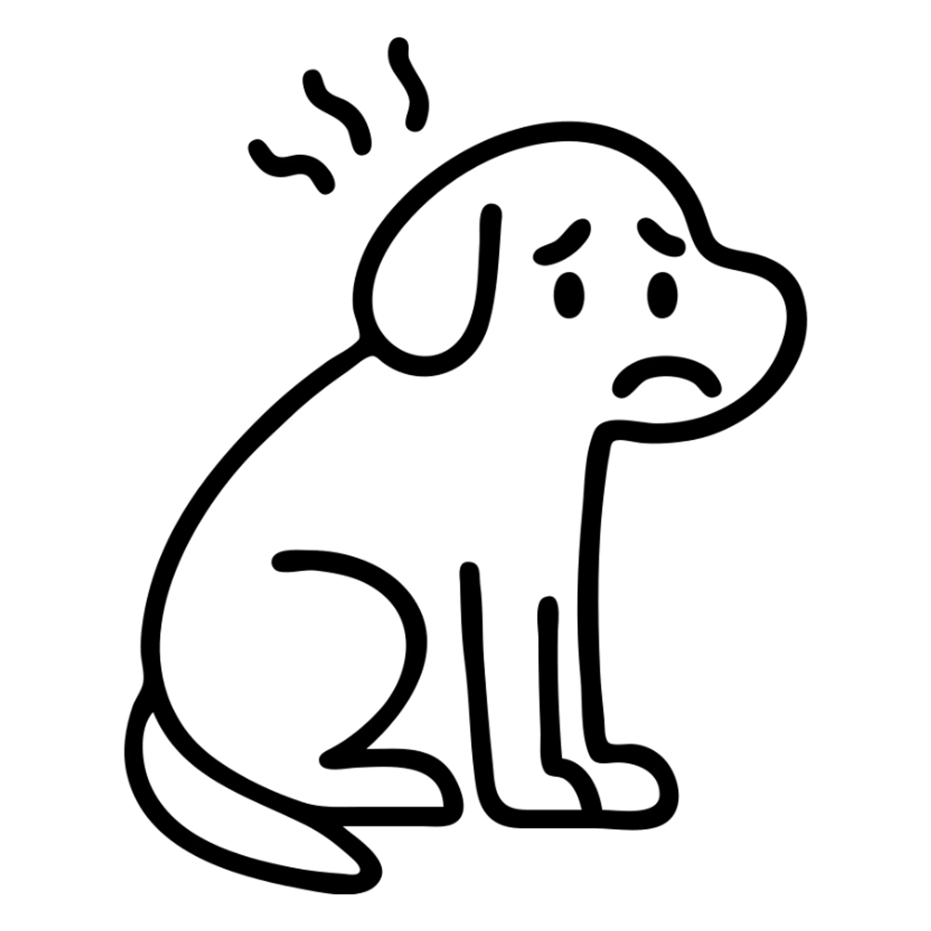 Anxious dog with worried expression, tail between legs, and stress lines sticker