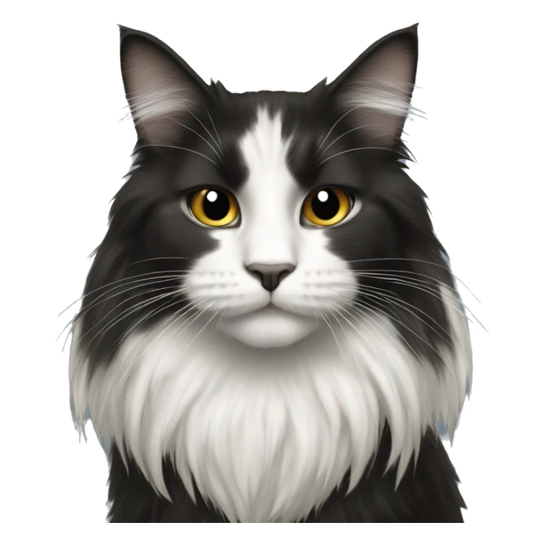 long haired cat half black half white with black mouth sticker