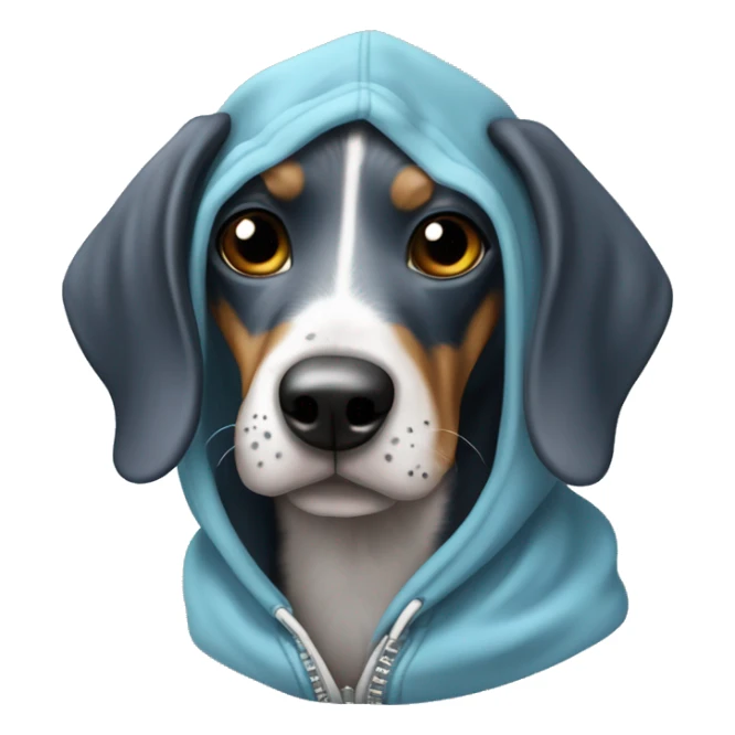 Miniature bluetick hound wearing a hoodie sticker