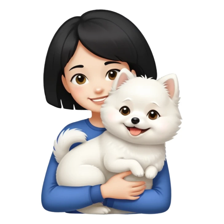 A black short-haired girl happily hugs a white Pomeranian sticker