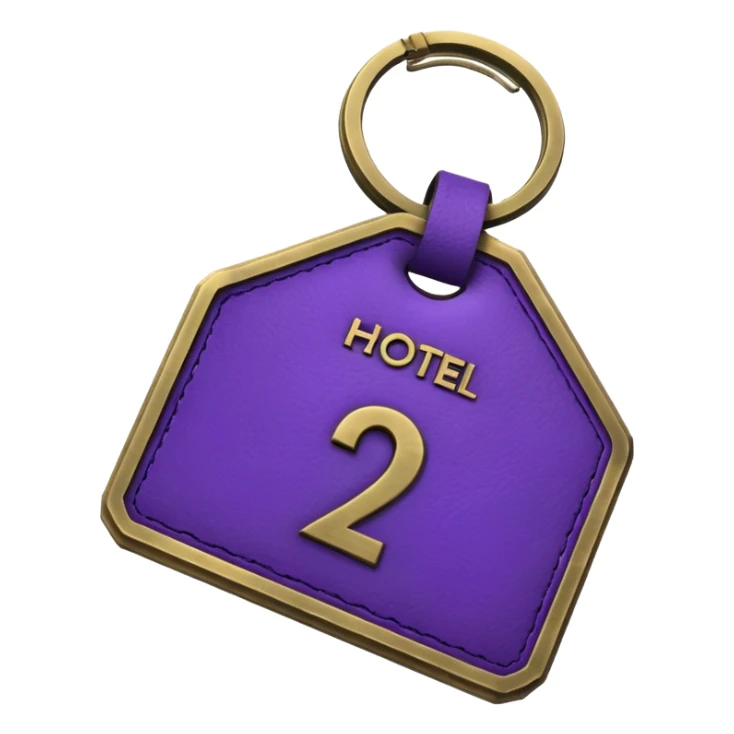 antique brass hotel key with large purple leather room number tag sticker