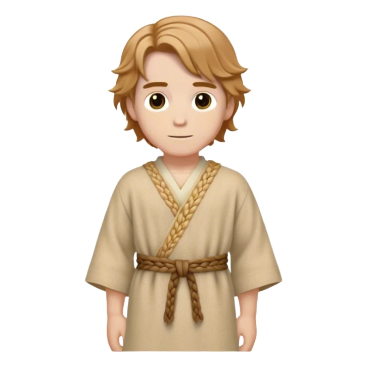 Medieval spring outfit worn by a DnD themed fantasy male character. Wheat-colored wool tunic with subtle herringbone weave pattern, cinched with a braided fabric sash. Clothes only above the waist, full waist coverage. The character has no arms. Character is white-skinned with light chestnut hair, golden brown eyes, and medium-length wavy hair. sticker