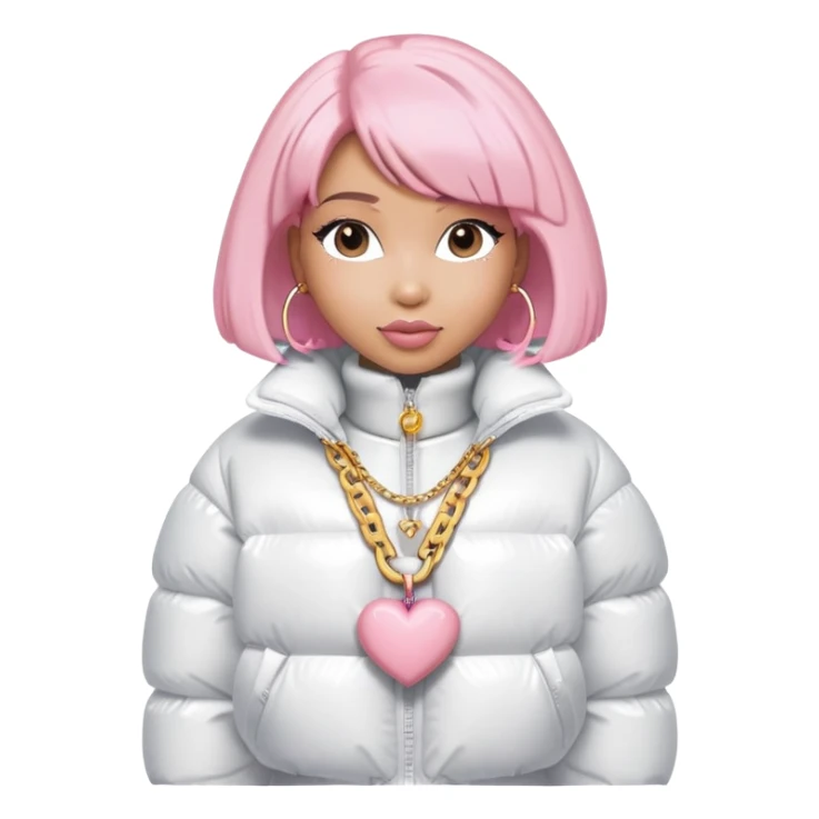 nicki minaj with a light pink bob and an all white outfit with a white puffer coat and a big oversized heart neck chain  sticker