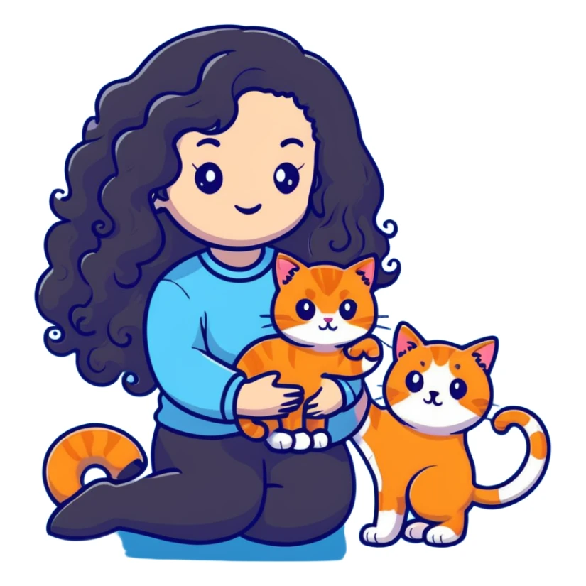 girl with long black curly hair holding a ginger cat sticker