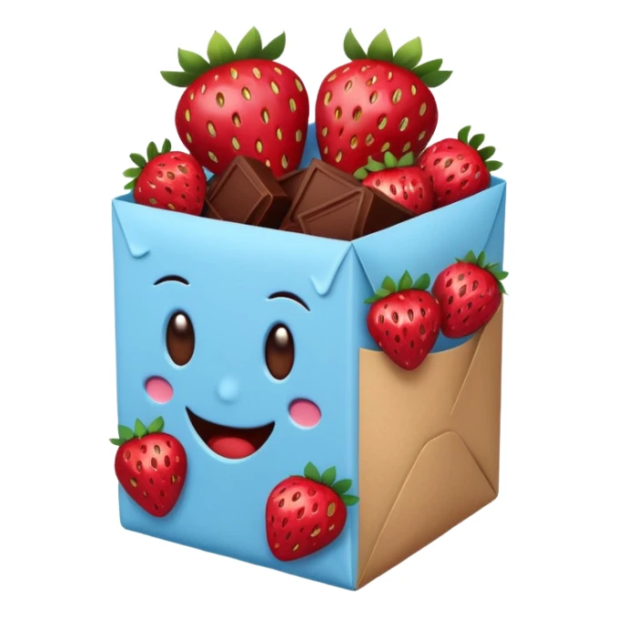 a pale blue package surrounded by strawberries dipped in chocolate, emoji style sticker