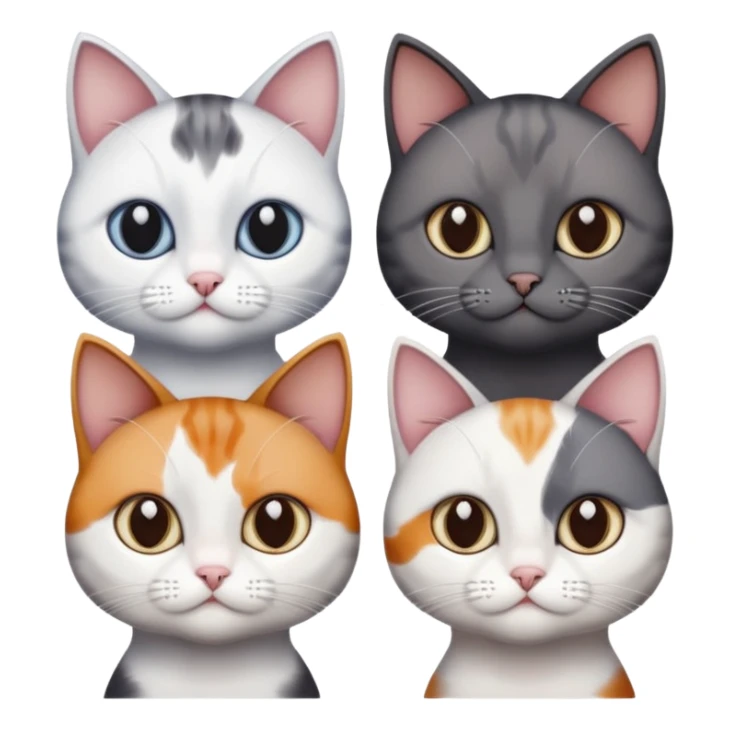 4 different coloured short haired cats including; a dark brown and white cat, and a dark grey and white, and a calico sticker