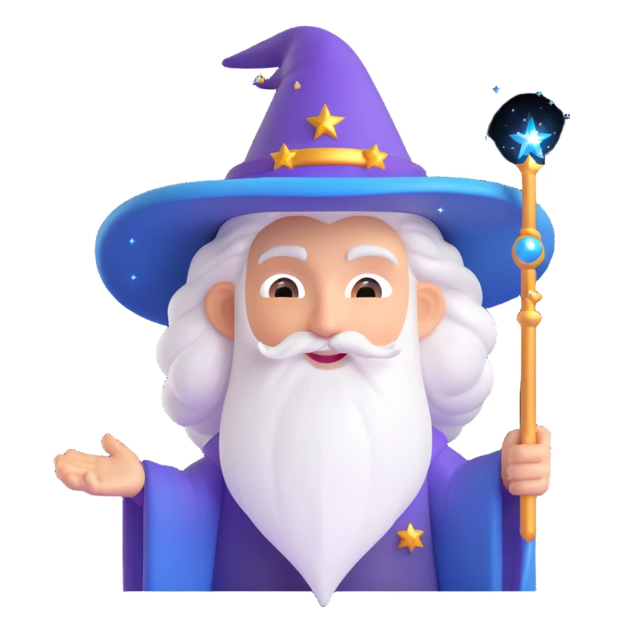 strange wizard, memoji style, with wild hair and magical sparkles sticker