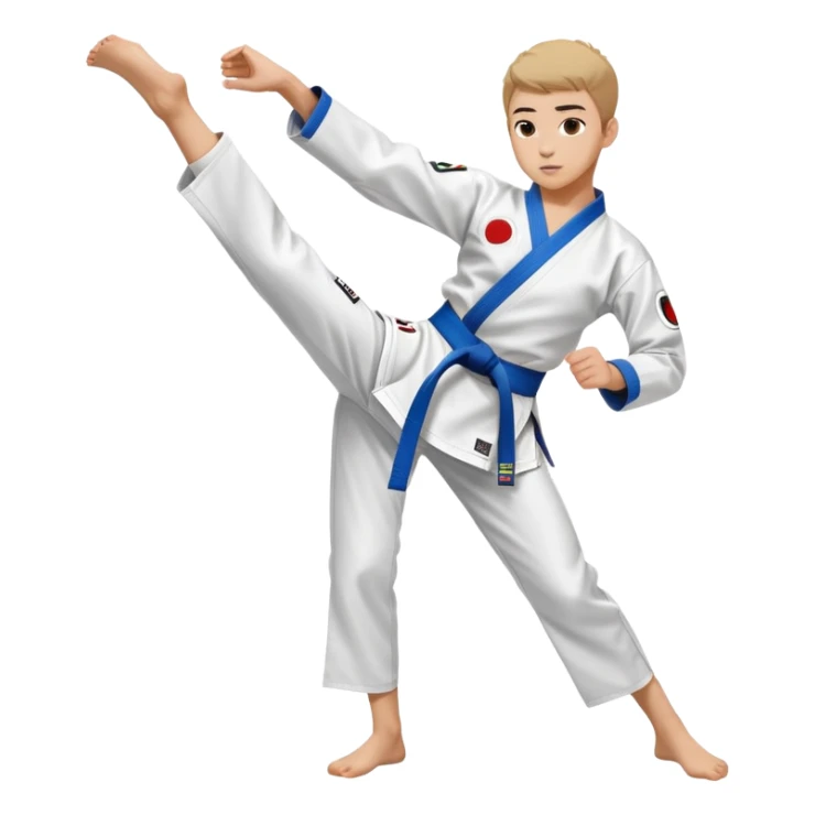 teenager performing a high kick in a white Tae Kwon Do uniform with a colored belt sticker