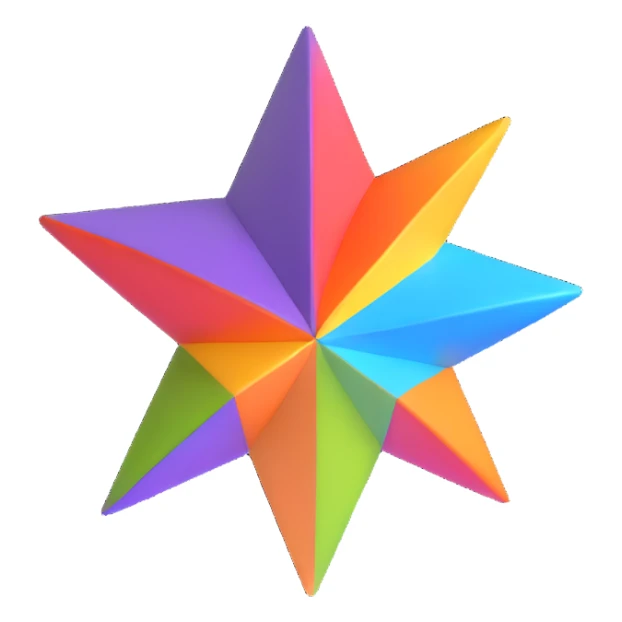 4-pointed star, three-dimensional, in a cartoon style, on a white background, bright colors, with a perspective composition, high saturation, prominent details, floating effect, lively atmosphere sticker