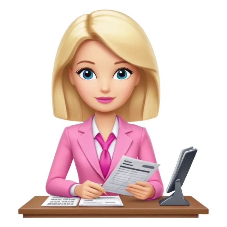 Blonde accountant Barbie doing taxes, pink outfit  sticker