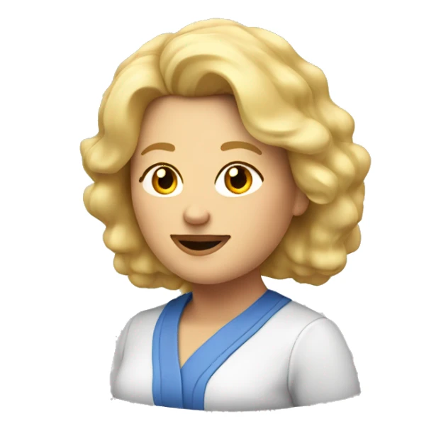 headshot of middle aged blonde chubby woman with kind facee sticker