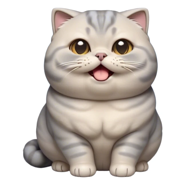 Cinematic Cute Chubby Grey Scottish Fold Cat Portrait Emoji, Head tilted playfully and yawning, round and plump body with sleek soft grey fur and subtle blue undertones, adorable folded ears, Simplified yet adorable features, highly detailed, glowing with a warm, friendly glow, high shine, curious yet calm, stylized with a touch of whimsy, bright and endearing, soft glowing outline, capturing the essence of a mischievous yet loving and lazy kitty with those signature folded ears, so cute it feels like it could stretch out of the screen and cuddle! sticker