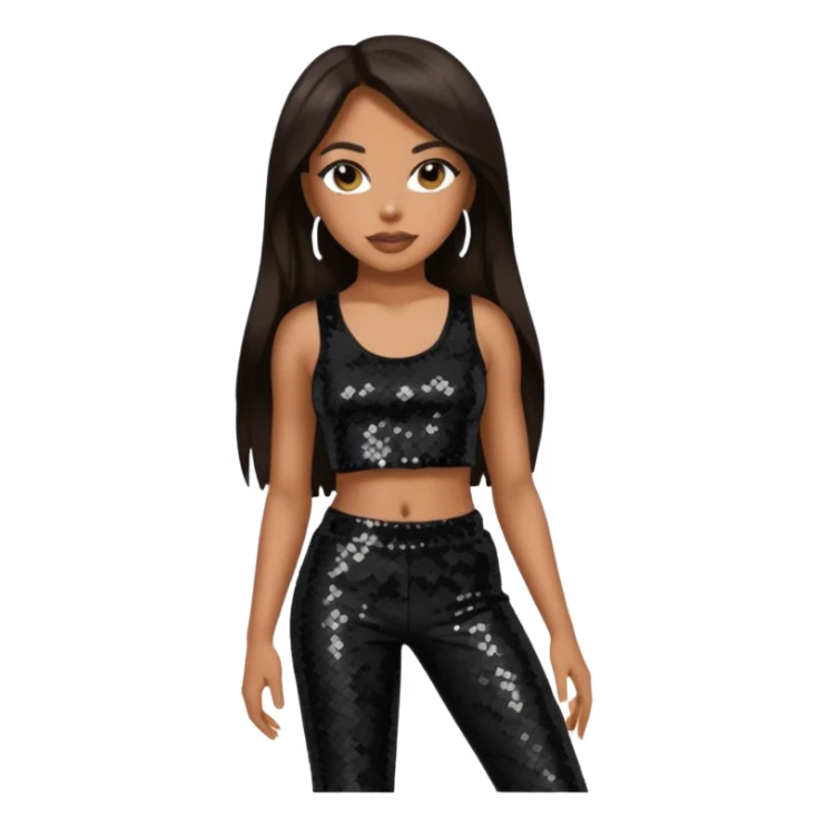 Aaliyah with long dark brown hair, black sequin crop top, black sequin pants sticker