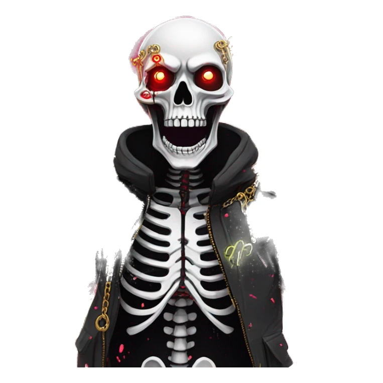 White skeleton zombie person covered in golden chains and black graffiti scribbles and red and silver doodles wings made of neon lightning snowing snowflakes sticker