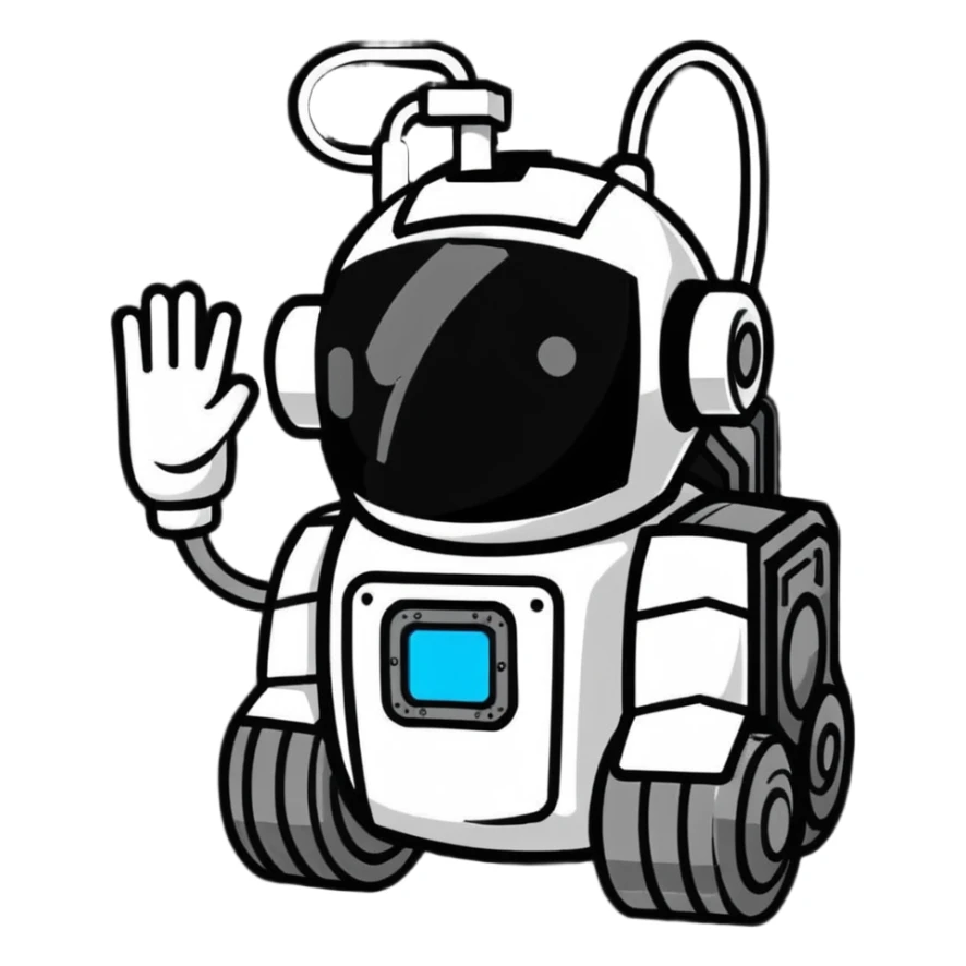 Industrial robot with exposed wiring and heavy metal plating sticker