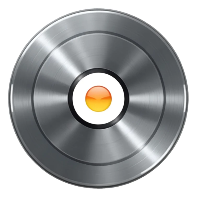 Chrome vinyl record emoji, silver metallic finish, iOS emoji style, reflective surface, minimal design, centered, smooth gradients, clean white background sticker