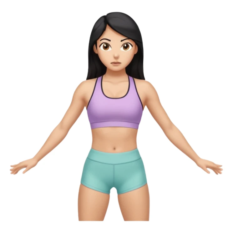 Athletic woman mid upper-body stretch, lean toned physique, defined legs and core, wearing a pastel sports bra and high-waisted patterned workout shorts, long black hair and olive skin hazel eyes, focused expression, natural lighting sticker