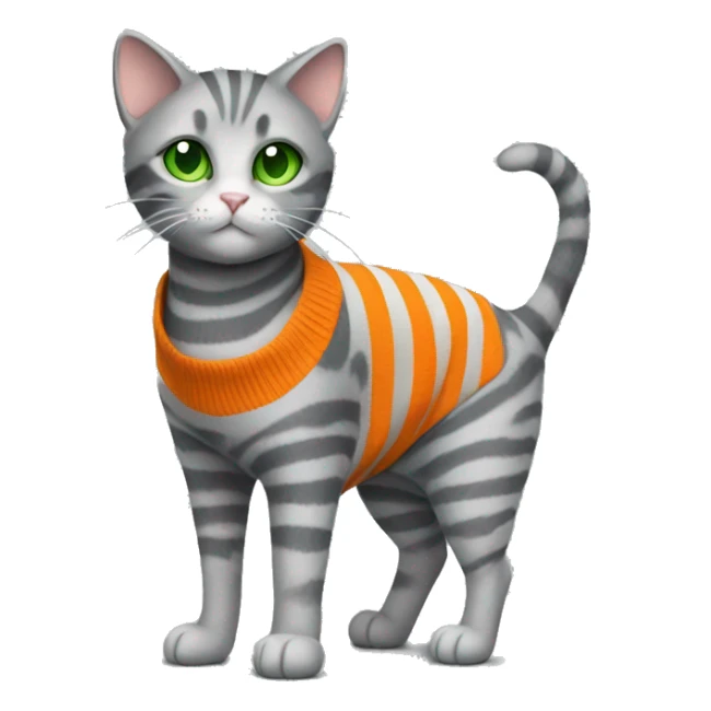 A striped grey cat with green eyes with orange sweater in full growth sticker