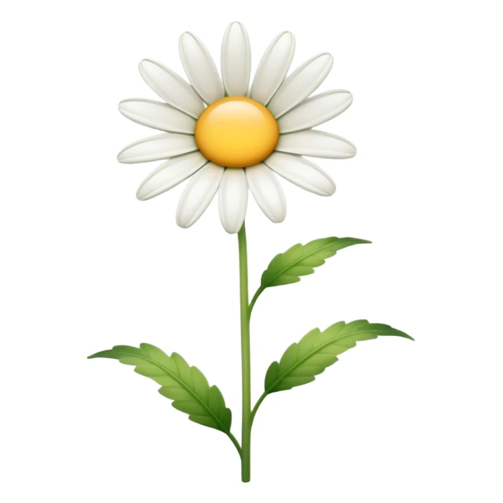 Cinematic Realistic Daisy Emoji, Cheerful and pure, with bright white petals surrounding a sunny yellow center, standing proudly atop a slender green stem. The soft, vibrant petals seem to radiate positivity, while a few green leaves frame the delicate flower. Soft glowing outline, capturing the essence of simplicity, innocence, and happiness in a single daisy. sticker