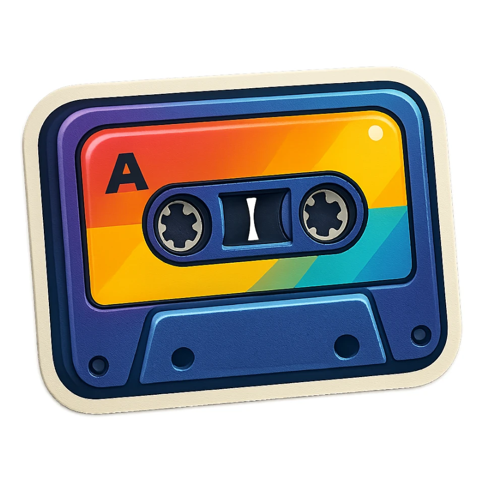 a cassette tape with colorful label, retro sticker style sticker