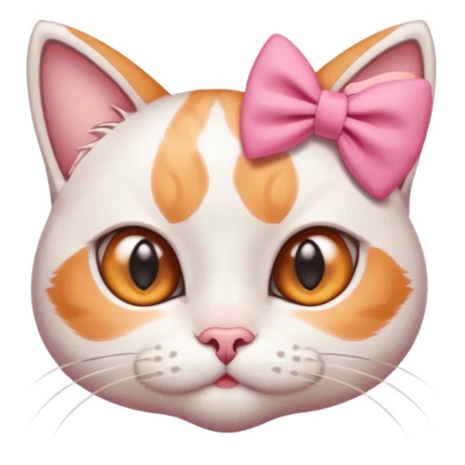 cute white and orange cat with big eyes and a pink bow on its ear, simplified and expressive sticker