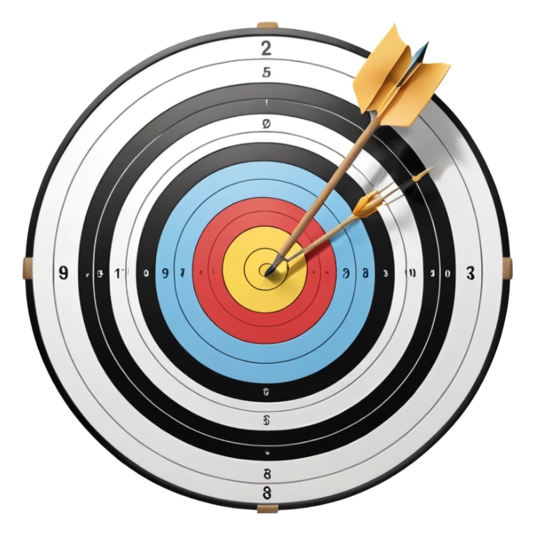 A bow and arrow aimed at a target, with the arrow perfectly positioned for release. The background features a target with concentric rings, emphasizing precision, skill, and focus in archery. The scene radiates concentration and the grace of the sport. sticker