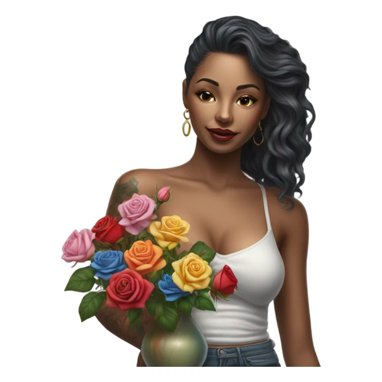 Hyper Realistic beautiful woman model with a small rose tattoo arranging flowers in a vase sticker