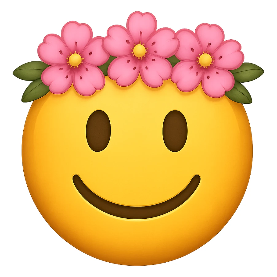 yellow face with pink flower crown emoji, digital illustration, remove background sticker