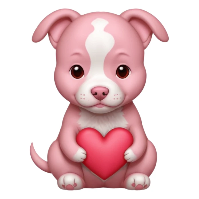 Pink pitbull puppy holding a heart sticker