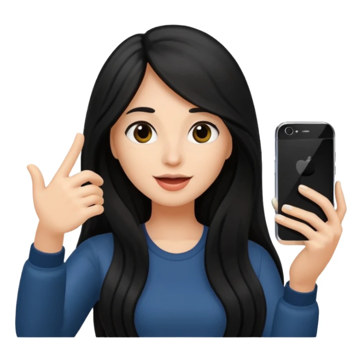 black long haired woman holding her phone having selfie sticker