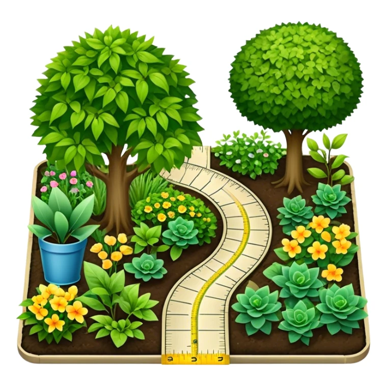 Icon for Landscape Design: a garden layout with plants, trees, paths, and design tools like a ruler, pencil and measuring tape. The icon should represent creativity in outdoor space planning and gardening. Transparent background. sticker