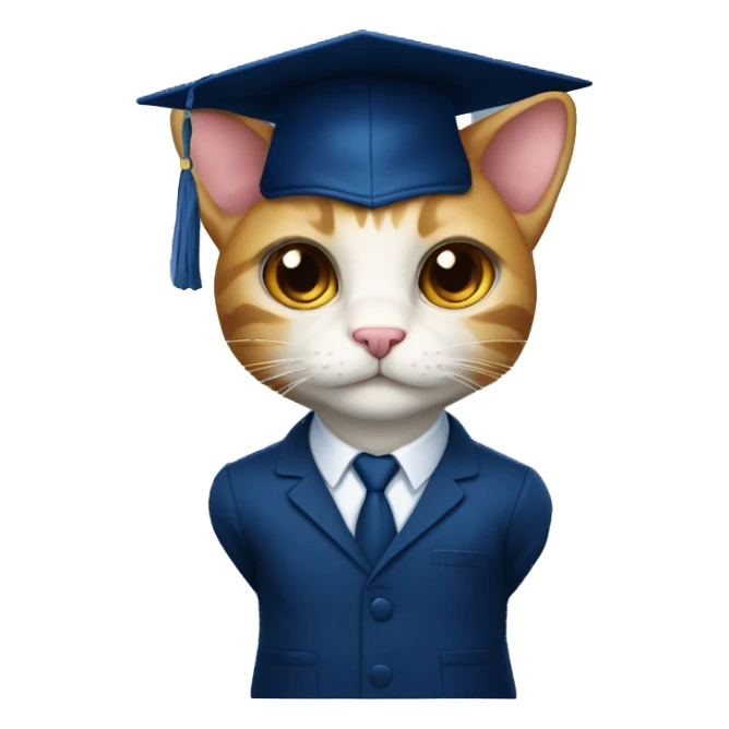 A student cat in a dark blue suit and a square academic dark blue cap sticker