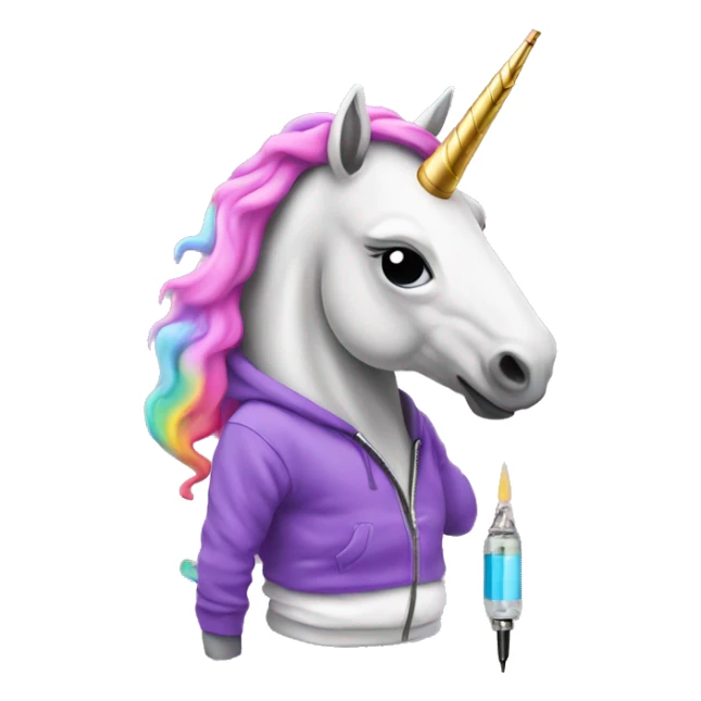 Unicorn wearing a hoodie with a vape pen sticker
