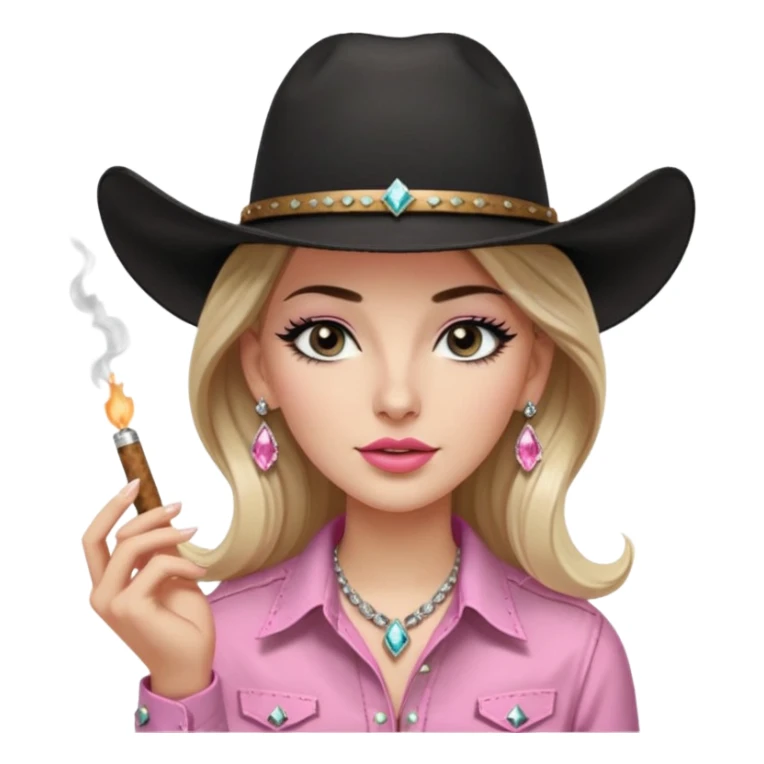White girl, long black eyelashes, black cowboy hate with hat band sparkling, long light brown straight hair, pink and black western shirt, smoking a joint,  big white diamond stud earrings sticker