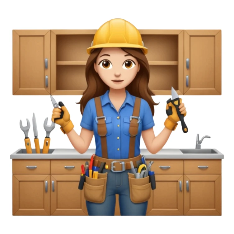 beautiful girl with long brown hair constructing new kitchen cabinets sticker