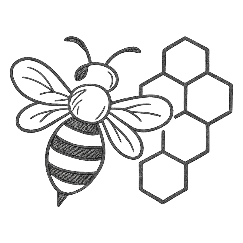 hand-drawn outline of a honeybee and honeycomb sticker
