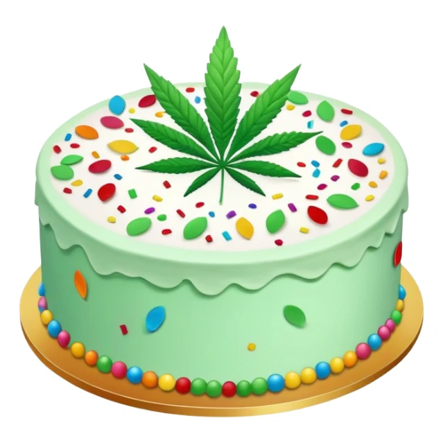 Colorful confetti cake with mint leaves and a cannabis leaf decoration on top sticker