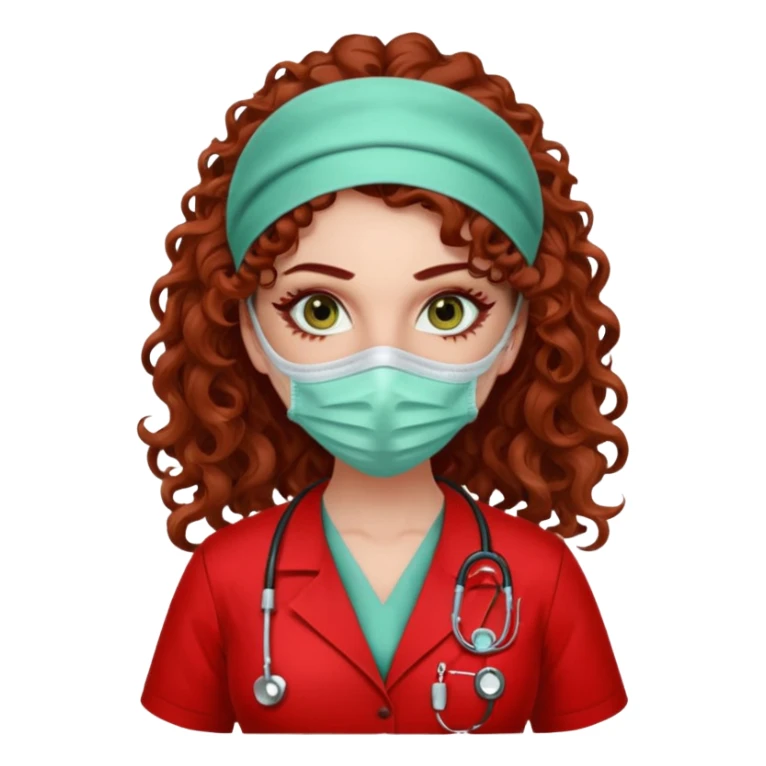 Sensual Spanish Lilith core evil surgeon.red outfit.  Surgeon has hazel-green eyes. Her hair is BROWN. Hair is also  long and  curly. wearing a sexy surgeon outfit with platform  heels.she is a calculated killer. She covers only her mouth and nose with mask to hide identity carries  sticker