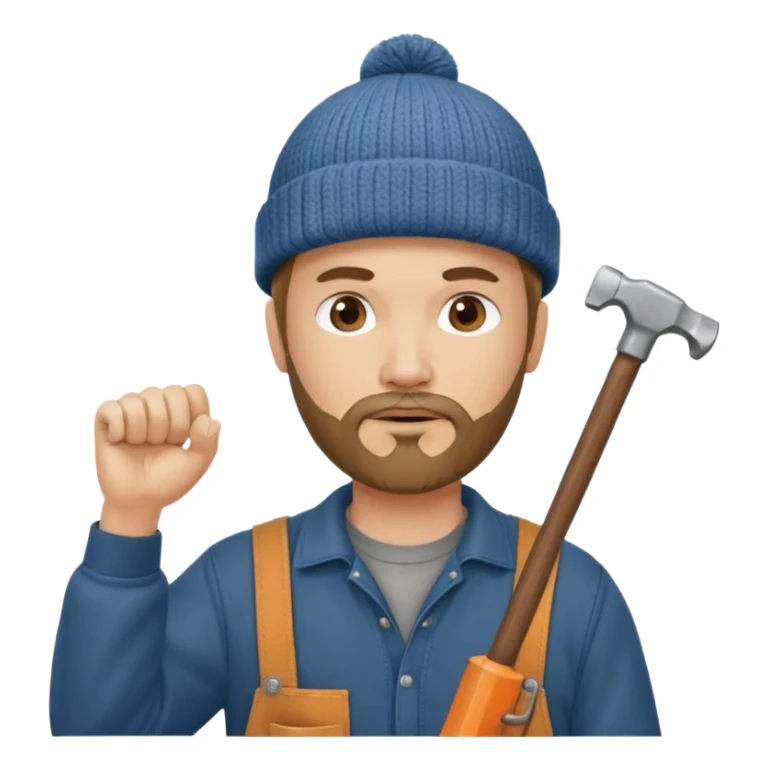 Woodworker goatee knit cap Carharttk shirt hand raised above head sticker