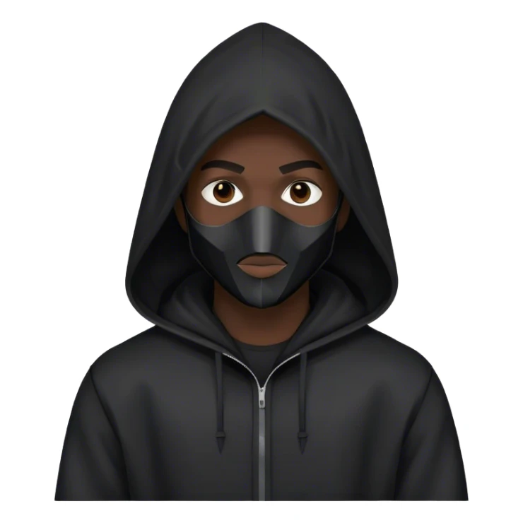 man with black hooded jacket and a full-black full-face geometric mask sticker