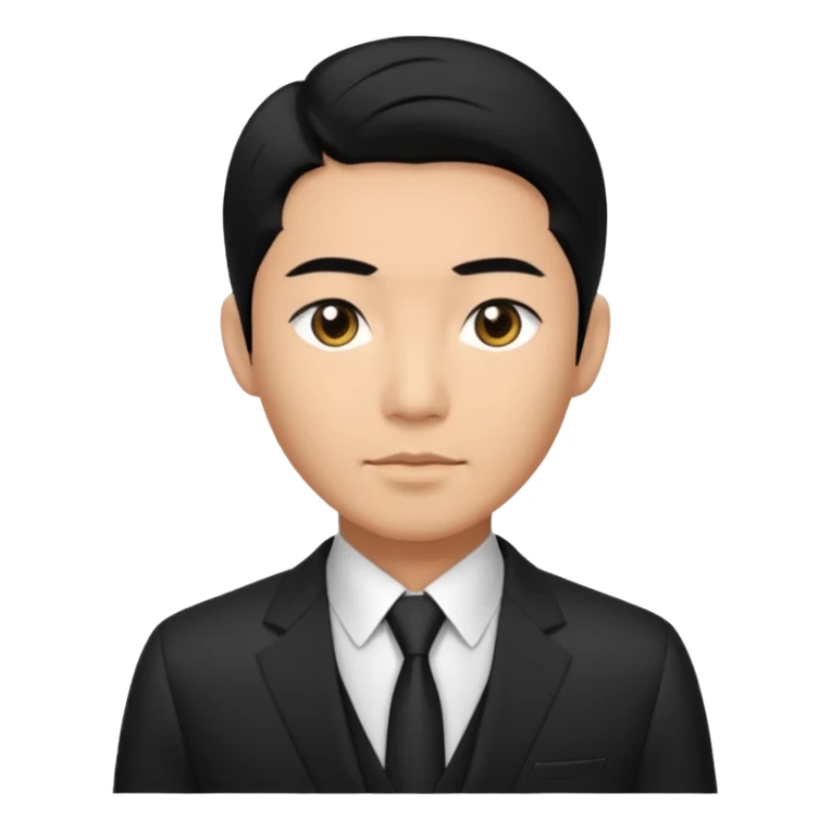 Asian man, black hair, dark eyes, wearing a designer black suit sticker
