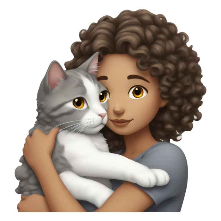 White Girl curly brunette hair cuddling with grey cat sticker